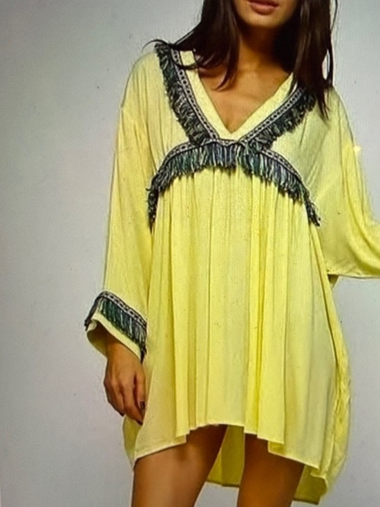 Velzera Dresses & Skirts - Yellow Fringe-Trim Boho Tunic or mini hi/lo dress